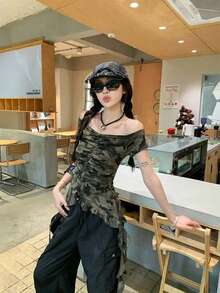 Spring Clothing, Tops, Polka Dot Hoodie, American Military Camouflage Pattern, Cropped, Women's, Double Zipper, Short Length, Oversized, Loose Fit, Slimming Effect, Street Style, Sweet And Edgy, Retro, Casual, Cute For Adults. - 軍綠色 - 查看 10