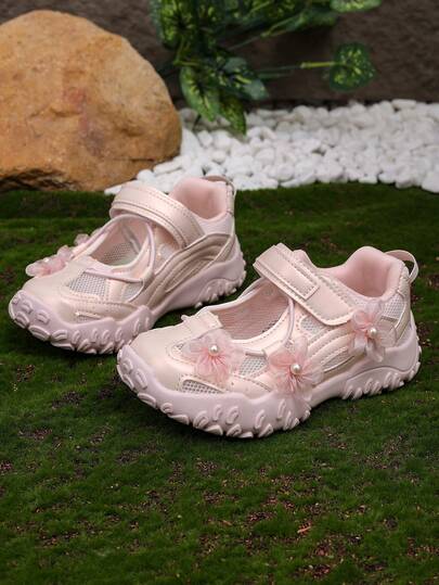 1 Pair Girls' Fashion Floral Decor Princess Flat Sports Shoes, Shock Absorbing Anti-Slip Children Running Shoes, Versatile Casual Student Sneakers For All Seasons