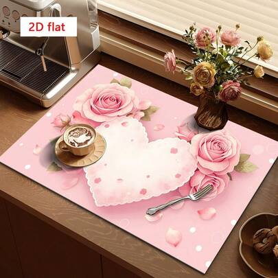 1pc Dish Drying Mat, Coffee Machine Mat, Pink Heart & Rose Petal Pattern, Absorbent Suitable For Dining Table And Cafe, Multi-Purpose Drainage Mat, Home Gift, Tabletop Decor