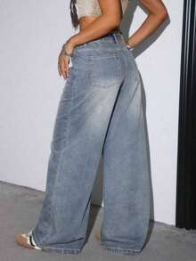 Women's Casual Loose Wide Leg Jeans With Pockets, Suitable For Daily Wear Spring - 老藍 - 查看 3