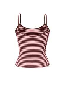 Vaiaye 女士时尚内衣风上衣，春夏条纹印花圆领修身休闲度假性感吊带背心，适合海滩度假和日常休闲穿着。 - 粉紅棕色 - 查看 4