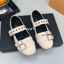 英伦风双扣鞋，圆头玛丽珍鞋，复古校服鞋，四季皆宜 - 米色 - 查看 8