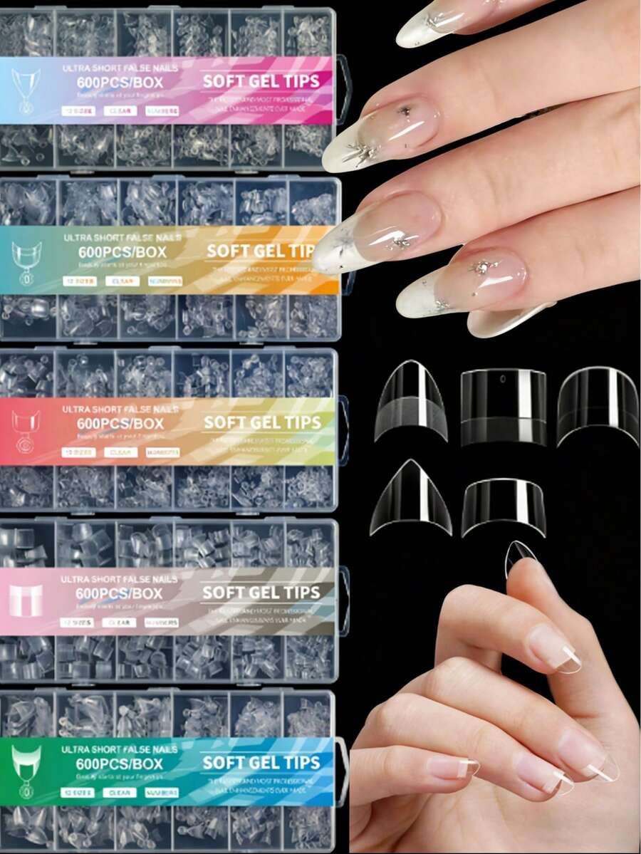 600PCS/Box Soft Gel Nail Tips, Ultra Short Clear False Nails, Full Cover Acrylic Nail Tips, Almond/Coffin/Square/Curved French Shape, Press On Nail Extensions For DIY Manicure Nail Art - Clear - View 1