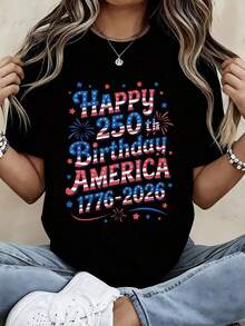 Happy 250th Birthday America 1776 2026 Patriotic Independence Day T-Shirt Women's White Graphic Tee Celebration Shirt USA Flag Design - màu đen - Xem 9