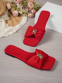 Damen Flache Sandalen, rotes gewebtes Einriemen-Design mit Metallschnalle, elegant für den Urlaub, bequemer Indoor-Casual-Slip-On - Rot - Übersicht 5