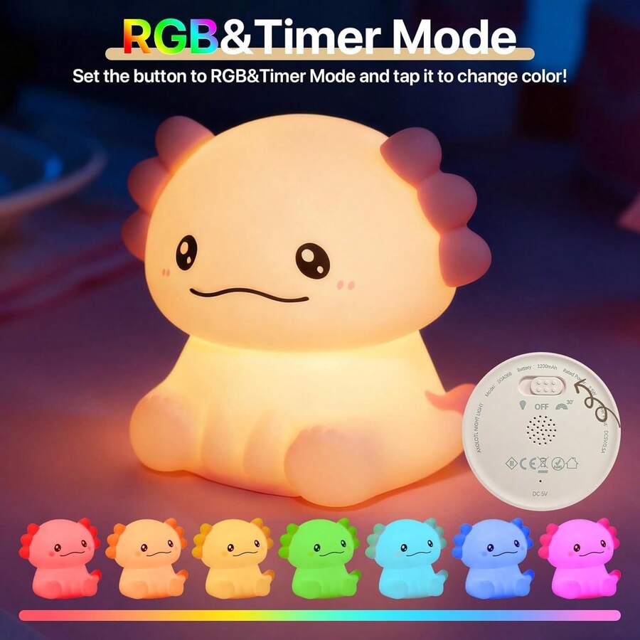 Soft & Cute Axolotl Night Light With RGB Mode, 3 Brightness Levels, Children's Room Nursing Light, Adorable Animal Lamp, Rechargeable Silicone Touch Control Bedside Lamp, Gift For Boys & Girls