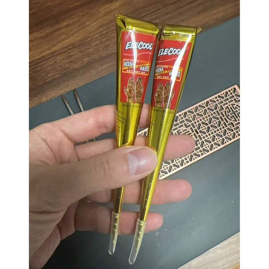 [Colorful Henna Tattoo Set]High-Quality Henna Tattoos In Multiple Colors, 12 Reusable Random Stencils | Pre-Mixed Natural Henna Dye For Temporary Body Art | Waterproof And Smudge-Proof, Durable | Beginner-Friendly DIY Kit, Suitable For Parties, Festivals, Halloween, Weddings, And Henna Nights - 紅色+棕色 - 查看 1