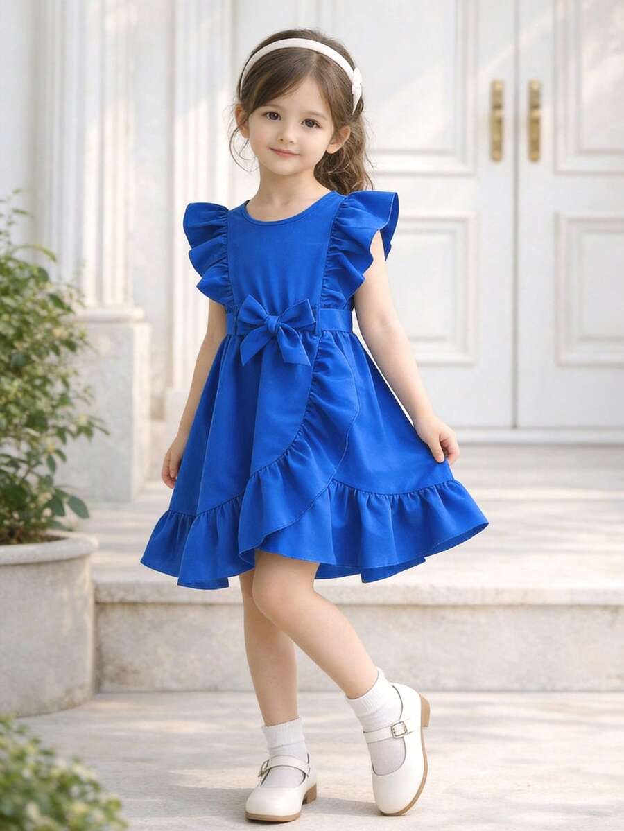 Đầm không tay màu xanh dương viền bèo nhún cho bé gái 4-8 tuổi, đầm công chúa thắt nơ eo, đầm dự tiệc mùa hè, đầm sinh nhật. - Màu xanh lam - Xem 1