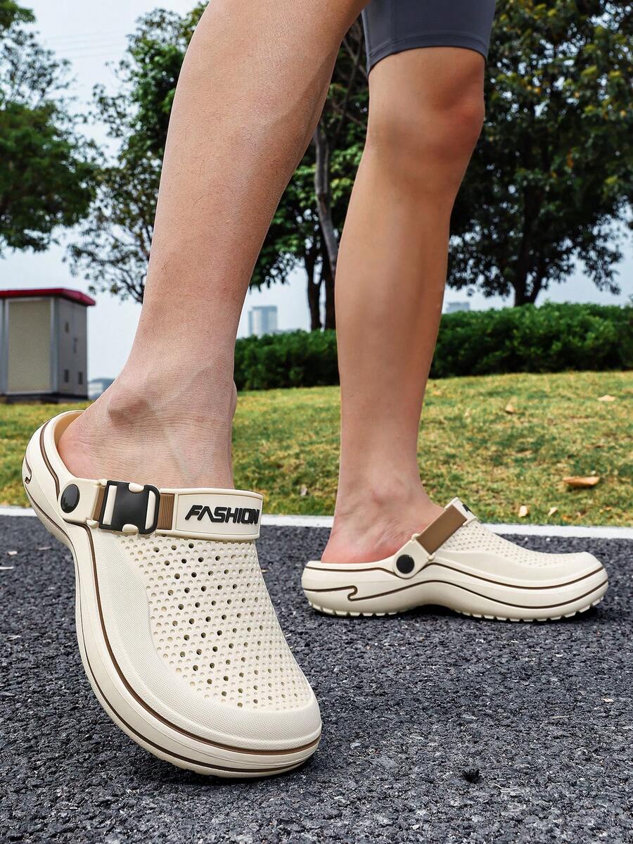 Breathable Slip-On Hollow Hole Shoes With Adjustable Heel Strap, Non-Slip Beach Sandals, Outdoor Casual Mule Slippers