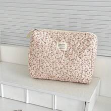 1pc Pink Floral Corduroy Makeup Bag, Multi-Functional Cosmetic Storage Pouch, Portable Makeup Organizer With Zipper, Suitable For Storing Cosmetics, Skincare, Lipstick, Makeup Brushes, Hand Cream, Earphones, Coins, Keys, For Home, Travel, Vacation And School Use - Nhiều màu - Xem 3