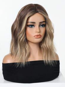 12英寸自然短卷棕色挑染假发，短水波纹刘海假发，耐热，波波头假发，女士自然耐热刘海合成假发，日常佩戴的漂亮女士合成假发。彩色合成假发，适合角色扮演，高温丝，女士中分直发假发，适合节日和日常时尚场合的合成假发 - 挑染棕色 - 查看 4