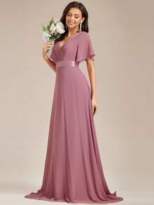 Butterfly Sleeve Chiffon Solid Color V-Neck Pleated Elegant Bridesmaid Dress Wedding - Dusty Pink - View 4