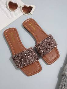 2024 Spring/Autumn Luxury Women's Flat Sandals, Low Heel Non-Slip Plus Size Rhinestone Slippers, Versatile Strap Slides - Rust Brown - View 7