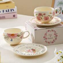280ml Pink Floral Shaped Iced Latte Cup Set, Wedding Favor Bridal Shower Party Gift, Summer Ceramic Coffee Cup With Saucer - Multicolor - View 2