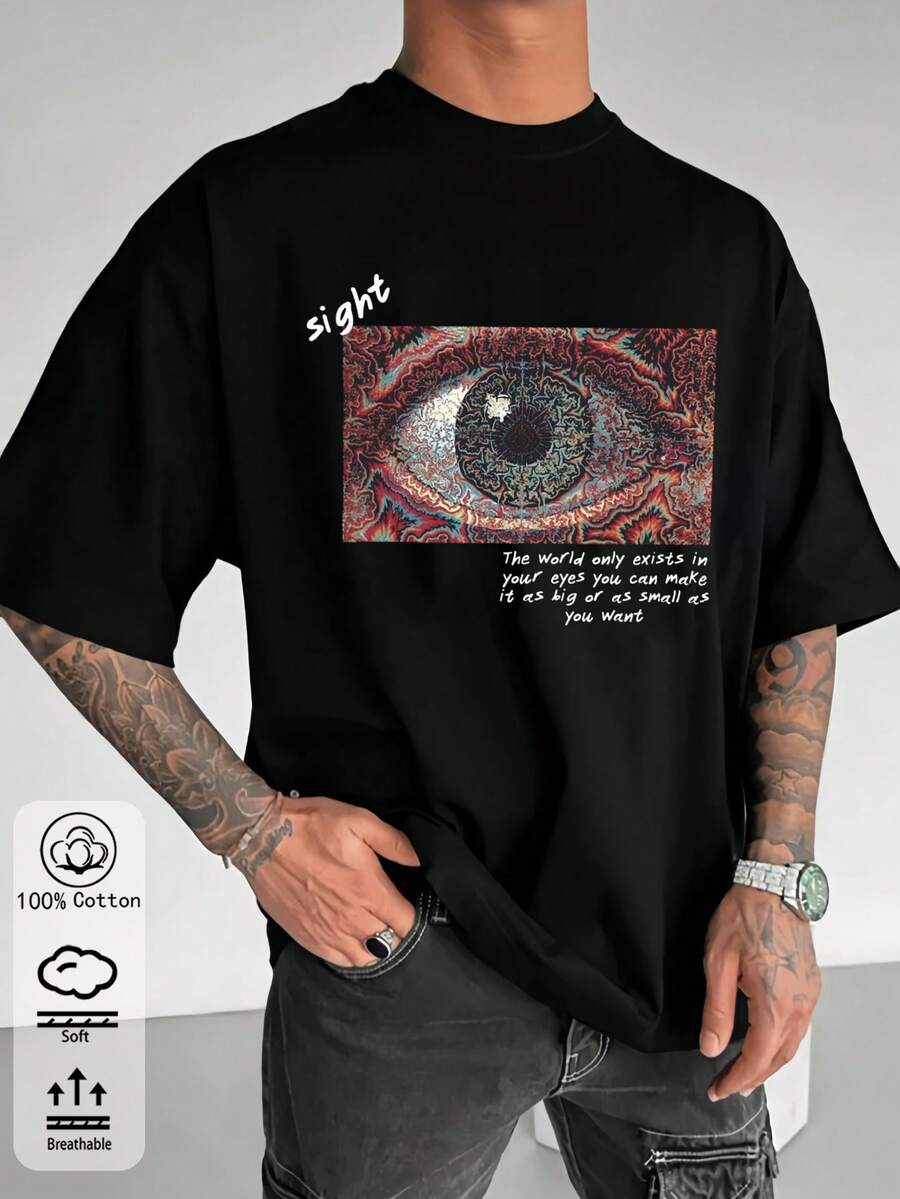 Men's Summer And Autumn Cotton T-Shirt, Featuring An 'Artistic Eye' Print, Suitable For Everyday Wear, Street Style, Holidays, Leisure And Sport - Black - View 1