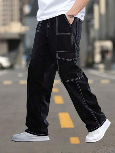男士多口袋工装裤，休闲宽松版型，适合海滩、度假、日常通勤、运动、户外、健身、慢跑等各种场合，直筒裤型，时尚街头服饰