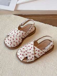 Giày sandal bít mũi in hoa cho bé gái, quai chéo, đế bằng, kiểu dáng thường ngày mùa hè. - Đỏ - Xem 1