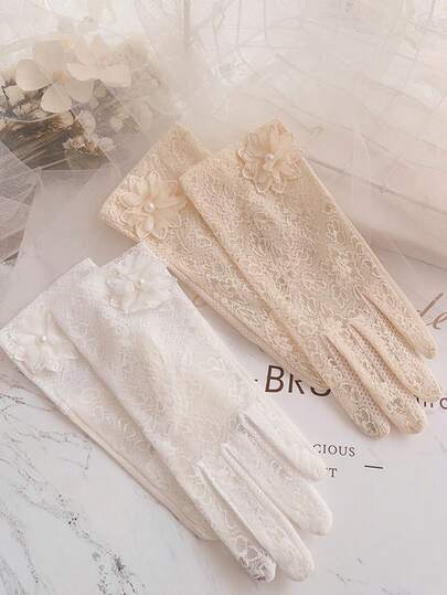 Women's Lace Sunscreen Gloves, Lightweight Thin Short Style, Suitable For Driving, Cycling, Motorcycle In Spring And Summer