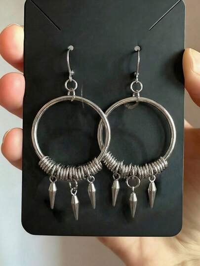 2pcs Gothic Punk Silver Geometric Circle & Cone Rivet Pendant Earrings, Suitable For Men & Women, Daily, Party, Outing, Street Hip-Hop, Performance, Music Festival