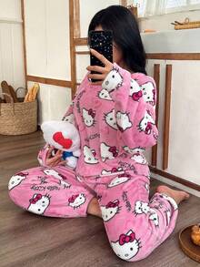 SANRIO Hello Kitty 女士长袖长裤两件套加绒睡衣套装，可爱珊瑚绒保暖睡衣，适合秋冬季穿着 - 西瓜粉 - 查看 4