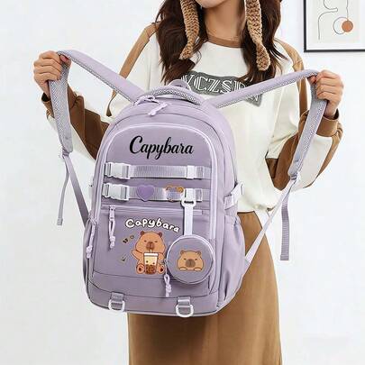 水豚休闲背包 | 轻便涤纶书包，配有可调节肩带 | 大容量 | 拉链封口和前置口袋 | 可爱卡通图案 | 学生理想之选，上学必备背包，返校用品