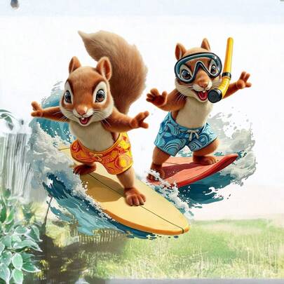 2D Flat - 2D Flat - 1pc Of 2D Printed Surfing Squirrel Surfboard Tropical Fish Window Sticker, Creative Self-Adhesive Removable Double-Sided Visible PVC Glass Decoration For Beautifying Doors And Windows In Living Rooms, Bedrooms, Studies