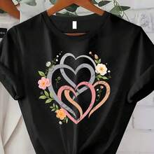 Large Size Women's Clothing, Trebalena Women's Large Size Flower Heart-Shaped Printed T-Shirt-Short Sleeve Round Neck Casual Top, Random Flower Pattern, Comfortable Daily Wear, Suitable For Spring, Summer And Autumn Three Seasons, Machine Washable, Suitable For Semi-Formal Occasions And Casual Dress Good Friday, Breathable Comfort, Fade-Resistant, For Women, Vintage Vibe - 黑色 - 查看 1