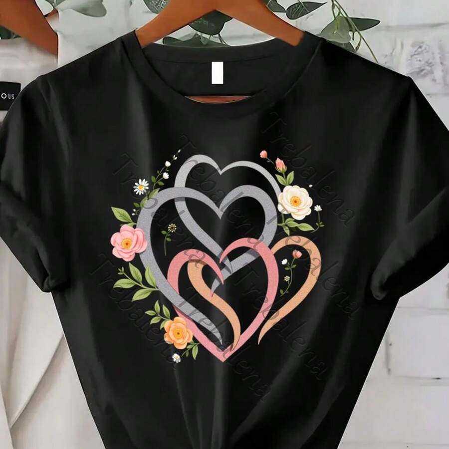 Large Size Women's Clothing, Trebalena Women's Large Size Flower Heart-Shaped Printed T-Shirt-Short Sleeve Round Neck Casual Top, Random Flower Pattern, Comfortable Daily Wear, Suitable For Spring, Summer And Autumn Three Seasons, Machine Washable, Suitable For Semi-Formal Occasions And Casual Dress Good Friday, Breathable Comfort, Fade-Resistant, For Women, Vintage Vibe - 黑色 - 查看 1