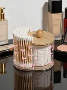 Mini Pink Bow Pattern 2-In-1 Bamboo Lid Transparent Plastic Storage Box, Desktop Makeup Organizer Box With Double Round Holes, Transparent Cosmetic Storage Box With Dual Compartments - Modern Vanity Table Storage Box With Lid, Bathroom Vanity Organizer, Suitable For Makeup Brushes, Lipsticks - Multicolor - View 5