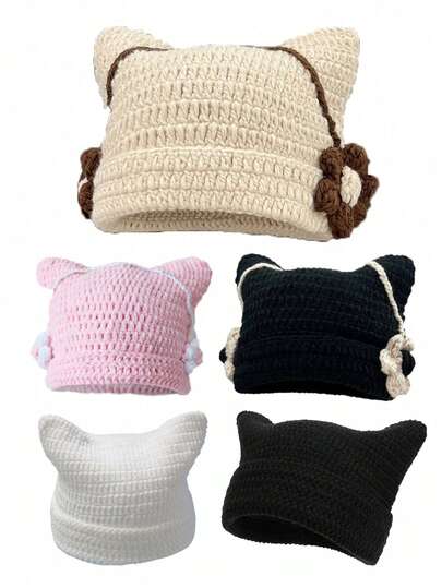 1 chiếc mũ len móc tai mèo thủ công, màu trơn, họa tiết hoa, khoét rỗng, có thể đảo mặt, mũ giữ ấm tai mùa thu/đông dành cho cả nam và nữ.