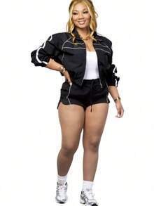 2PC/1set Women's Clothing Sexy Hot Girl Long Sleeve Zipper Contrast Color Ribbon Shorts Women's Two-Piece Set Club Outfit For Women Women Outdoor Sets - 黑色 - 查看 4