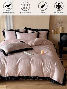 Bộ ga trải giường 2/3 món màu hồng nhạt, chất liệu giả lụa, họa tiết hoa jacquard, viền ren đen, phong cách tối giản sang trọng, phù hợp cho mọi mùa, phòng ngủ, phòng khách, mềm mại và thoáng khí, có thể giặt máy, cỡ Queen, King (1 ga trải giường + 1/2 vỏ gối, không kèm ruột chăn) - Hồng - Xem 3