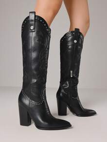 Knee High Cowboy Boots For Women Pointed Toe Chunky High Heels Embroidered Boots Western Boots Wide Calf Cowgirl Boots - Black PU - View 7