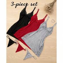 3-Piece Set Romantic Lace Trim Solid Color Side Split Dress Three-Color Combination Dress, Bow Thin Shoulder Strap Silky Suspender Dress, Women's Sexy Loungewear - Nhiều màu - Xem 11