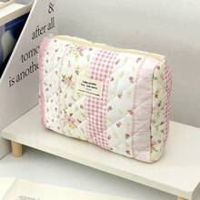 1 pieza/Set Organizador de cosméticos multifuncional de gran capacidad con estampado floral a cuadros, bolsa portátil con cremallera para brochas de maquillaje, caja de almacenamiento de cosméticos, bolsa de cosméticos, estuche de maquillaje pequeño, artículos esenciales de viaje, accesorios para mujer, suministros de viaje - Multicolor - Ver 4