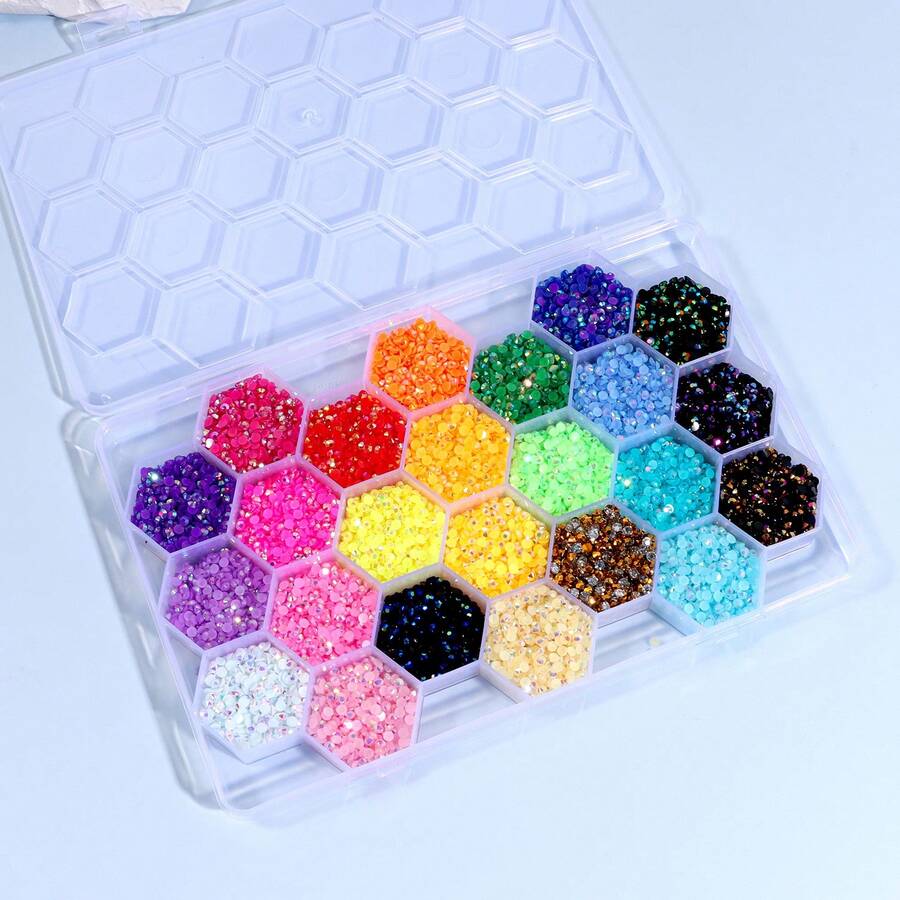 24000颗树脂水钻,适用于炫彩工艺品,5毫米果冻状彩色彩虹平底宝石,混合色闪亮宝石钻石,带胶水,适用于书籍、工艺品、鞋子、服装面料、眼镜、啦啦队彩棒等。 - 24格 - 查看 1