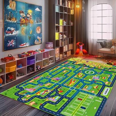 1pc Cartoon City Map Design Decorative Carpet, Family Play & Gaming Space, Suitable For Decorative Carpet, Bedroom Decor, Small Rug, Carpet, Home Decor, Living Room Carpet, Living Room Small Rug, Bedroom Carpet, Living Room Home Decor, Outdoor Carpet, Washable Carpet