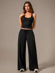 NcmRyu 1 Set Women's Camisole Tank Top & Wide Leg Drawstring Pants Sports Suit - Black - View 11