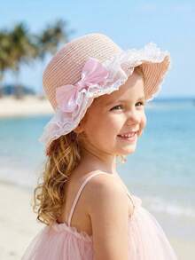 1 pieza Sombrero de paja con gran lazo rosa y volantes ondulados para niñas, sombrero de paja transpirable y ligero para protección solar en verano, playa/deportes al aire libre, apto para niños de 3 a 8 años - 1PC - Ver 9