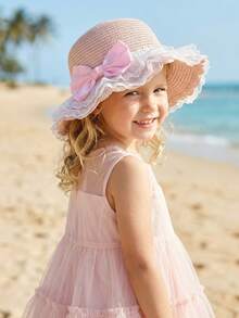1 pieza Sombrero de paja con gran lazo rosa y volantes ondulados para niñas, sombrero de paja transpirable y ligero para protección solar en verano, playa/deportes al aire libre, apto para niños de 3 a 8 años - 1PC - Ver 11
