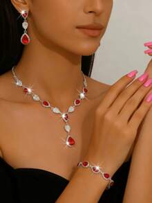 Bộ trang sức cưới thời trang đính đá hình giọt nước, gồm bông tai, dây chuyền và vòng tay. - 1662796 Bộ đồ đỏ - Xem 1