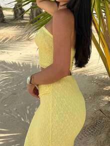 Bộ đồ hai mảnh mùa hè màu vàng bơ ren Vaiaye dành cho nữ, áo quây và chân váy dài, áo croptop không dây và chân váy maxi ôm sát, chân váy maxi cạp cao, thích hợp cho tiệc tùng, đi biển hoặc nghỉ mát. - Màu vàng - Xem 2