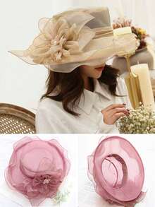 1 chiếc mũ organza dành cho nữ dự lễ hội Kentucky Derby, có thể tháo rời phụ kiện hoa cài đầu, mũ rộng vành bằng ren hoa organza, mũ rơm kiểu Pháp cho cô dâu dự tiệc cưới, đi biển, du lịch. - 1 CÁI - Xem 5