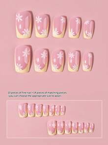 24pcs Short Square Nail Tips, Yellow Flower Pattern Design, Acrylic Press-On Nails Set Includes 1pc Gel Polish And 1pc Nail File - Multicolor - View 3