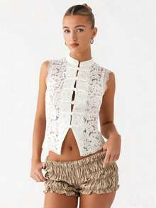 Awevudst Womens Lace Floral Mandarin Collar Guipure Split Tank Top Sleeveless Mock Neck Lace Trim Slim Fitted See Through Casual Shirt Blouses Party Clubwear Holiday Beachwear - 白色 - 查看 7