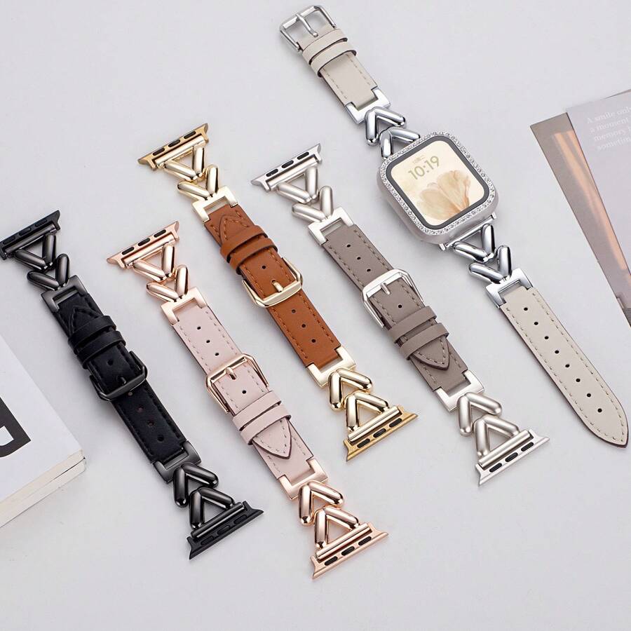 1 dây đeo mạ vàng, tương thích với Apple Watch S11, vòng đeo tay kim loại hình chữ V, dây đeo đồng hồ da nữ cho S10. - Vàng - Xem 1