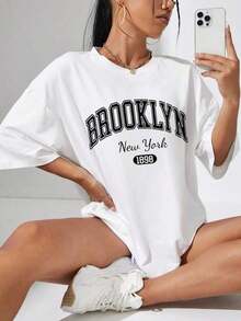 Letter Graphic Drop Shoulder Tee Graphic Tees Women Tops - trắng - Xem 1
