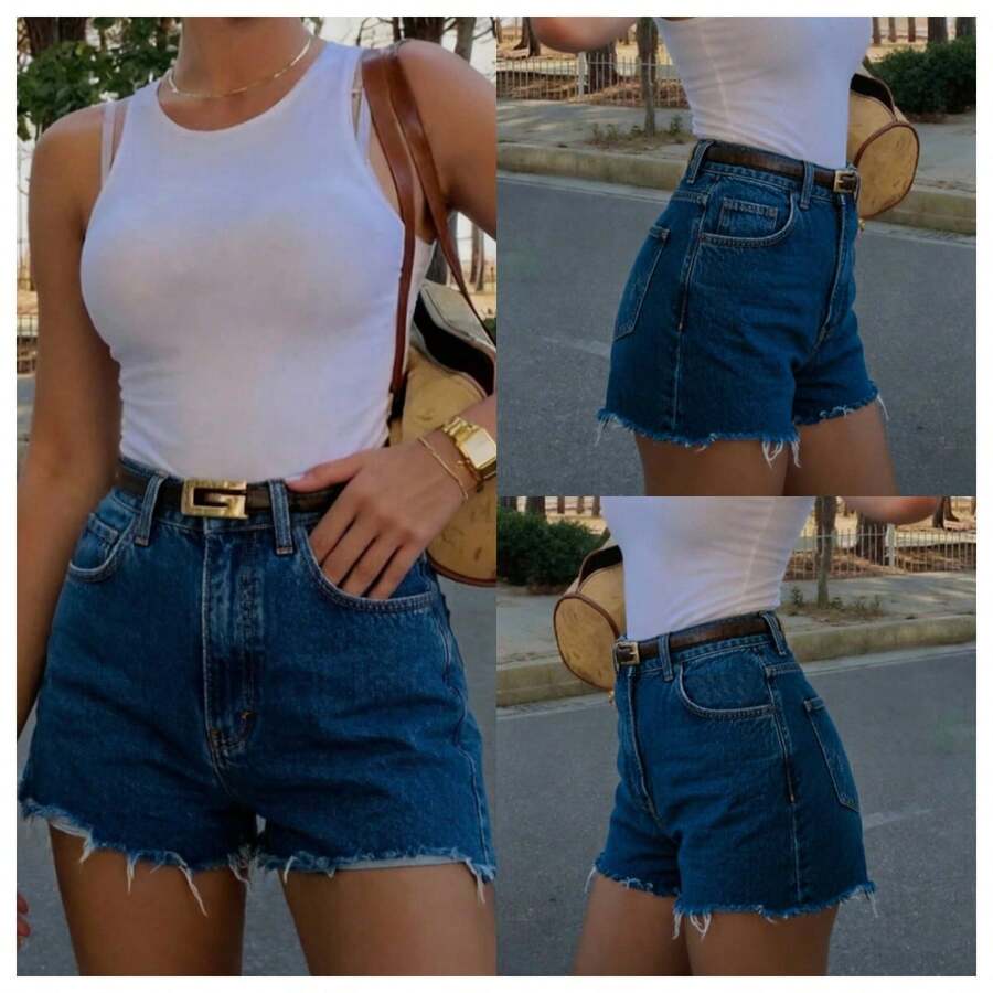 Quần short denim dáng suông, không cạp, phong cách retro châu Âu và Mỹ mới mùa Xuân/Hè, màu xanh lam bạc màu, thanh lịch, gấu quần tua rua, kiểu dáng thường ngày đa năng. - Rửa trung bình - Xem 1