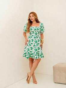 RAINBOW Women's Short Princess Floral Dress With Puff Sleeves And Elasticated Fabric - Elegant Fashion - One Size Fits 36-42 (Brazilian Sizes) - Crepe Fabric - 128-綠色 - 查看 4