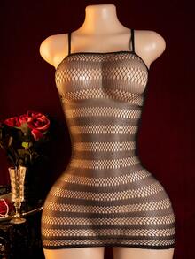 Women's Sexy Lingerie, Black Sexy Striped Mesh Patchwork Bodycon Slip Dress - Black - View 1